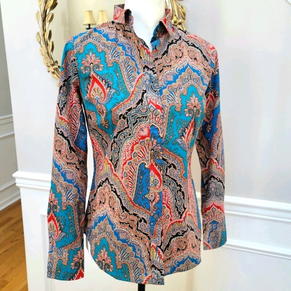 New! J Crew sz 0 Slim Perfect Shirt Ratti Blue Mediterranean Paisley NWT